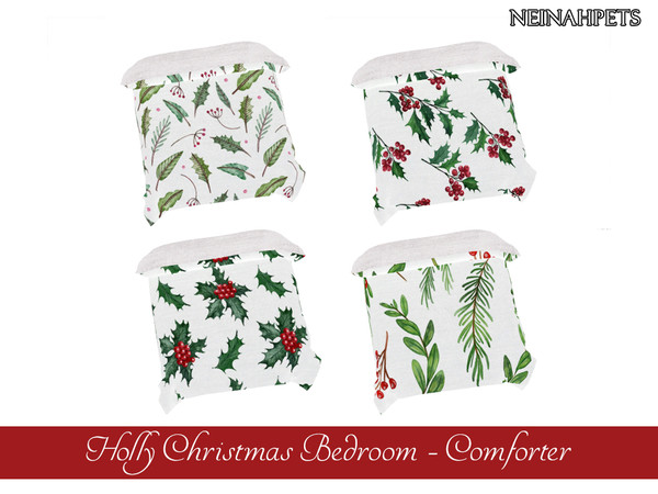 Sims 4 — Holly Christmas Bedroom - Comforter {Mesh Required} by neinahpets — A plush comforter with watercolor holly and
