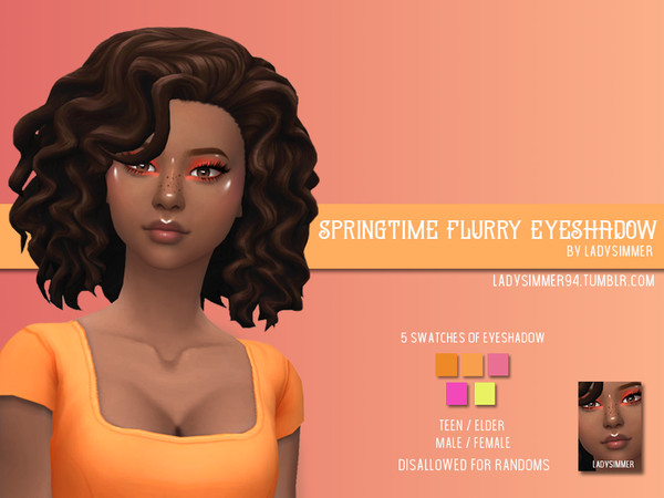 Sims 4 — Springtime Flurry Eyeshadow by LadySimmer94 —  BGC 5 swatches of eyeshadow Custom Thumbnail (as seen on the ad)