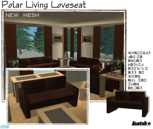 Sims 2 — Polar Living - Loveseat by Mutske — New Mesh. Fabric of the seatings in chocolate brown, and a stone colors to