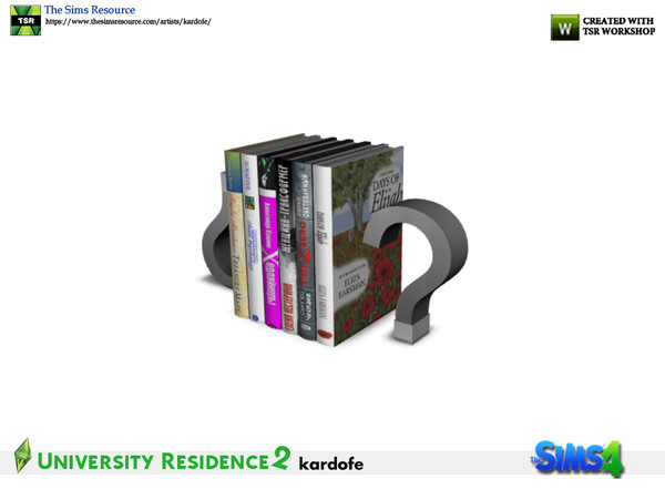 Sims 4 — kardofe_University Residence_Bookends by kardofe — Group of books held together by question marks on both sides.