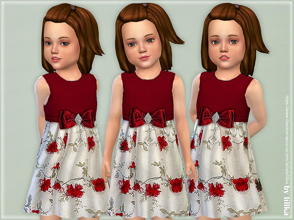Sims 4 — Red White Flower Brooch Bow Dress [NEEDS TODDLER STUFF] by lillka — Red White Flower Brooch Bow Dress for