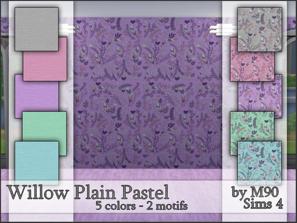 Sims 4 — M90 Willow Plain Pastel by Mircia90 — Wallpaper in 5 colors in 2 motifs. Willow wallpaper + motif with feathers,
