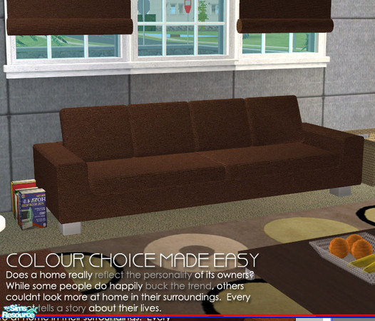 Sims 2 — Colour Choice Made Easy - brown sofa by Nanshi — Denim, Brown, Green, Grey, Orange and Red recolour of Norbi_N's