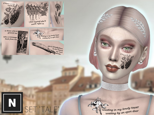 Sims 4 — netsims 'tale' - tattoo set by networksims — A set of six tattoos with sketch illustrations and quotes