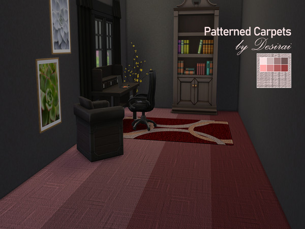Sims 4 — Pattern Low Carpet - Reds by Desirai2 — 8 swatches of red colored, low pile carpet with rectangle patterns.