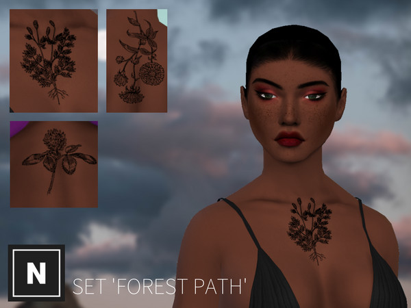 Sims 4 — netsims 'forest path' - tattoo set by networksims — Three tattoos of flower illustrations.