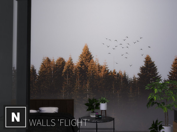 Sims 4 — netsims - flight - wall mural by networksims — A 5-piece mural of orange trees and birds in flight 5 swatches,