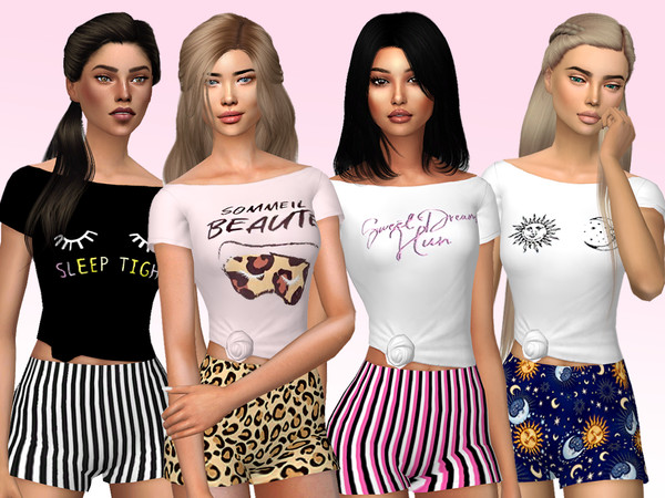 Sims 4 —  by Simlark — 4 pretty graphic tops and 4 patterned shorts for your female sims to get their beauty sleep in.