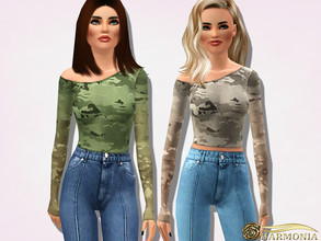 Sims 3 — Asymmetric Camouflage-print Top by Harmonia — 3 color. recolorable Please do not use my textures. Please do not