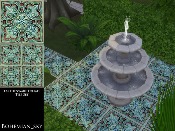 Sims 4 — Earthenware Foliate Tiles by Bohemian_sky — Handcrafted earthenware tiles glazed with beautiful turquoise over