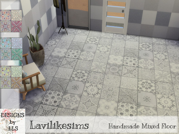Sims 4 — Handmade Floor Tile  by lavilikesims — In 4 swatches, pink, green, yellow and grey each tile has 16 mini tiles