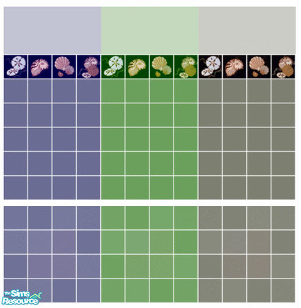 Sims 2 — Shell Tile Set by s00z — Three partially tiled walls with coordinating floors.