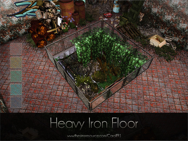 Sims 4 — Heavy Iron Floor by Caroll912 — A 5-recolour rusty,metal-like floor in red,yellow, green,teal and navy tones.