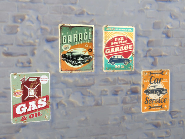 Sims 4 — Metal Garage Wall Signs (set 1) by Cyclonesue — Four variations of this metal wall sign for THE GARAGE series.