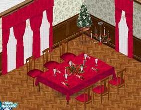 Sims 1 — Red Christmas Dinner Set. by capricce — Includes a dinner table all set for Christmas, a chair, curtains and a