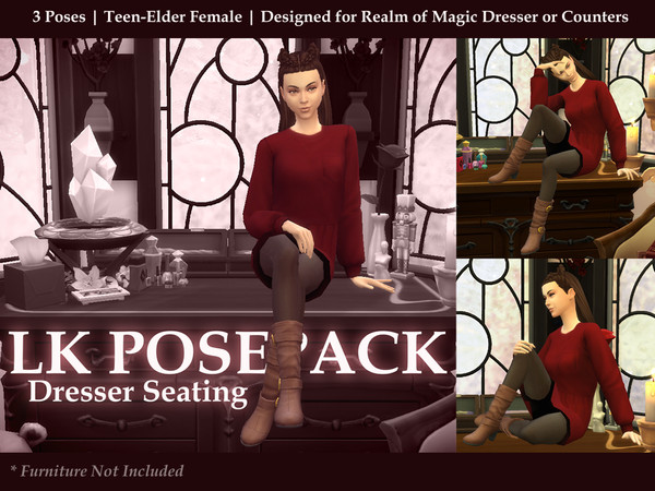Sims 4 — Dresser Seating Posepack by Zahdernia — This pack contains three sassy female poses, designed with the Dresser