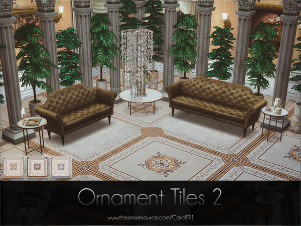 Sims 4 — Ornament Tiles 2 by Caroll912 — A 3-recolour decorative, cement-like tile floor in brown,blue,beige and orange