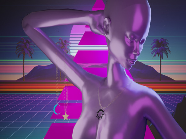 Sims 4 — Synthnight by TiffanyVegas — Set including three necklaces, a sharp shaped moon, a hollow stylized sun and a