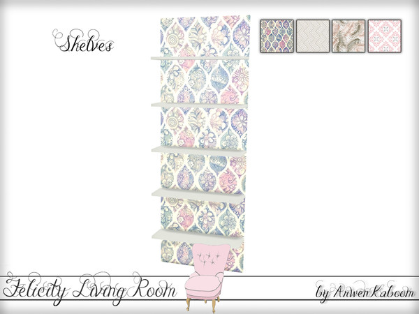 Sims 4 — Felicity Living Room - Shelves by ArwenKaboom — Base game shelves with background.