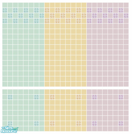 Sims 2 — Stix Tile Set by s00z — Three tiled walls with coordinating floors.
