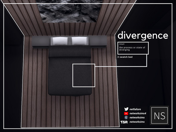 Sims 4 — Divergence Bedroom - Bed - Networksims by networksims — A modern bed in 2 bedding swatches.