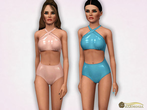 Sims 3 — Latex Leather Halter Swimsuit by Harmonia — 3 color. recolorable Please do not use my textures. Please do not