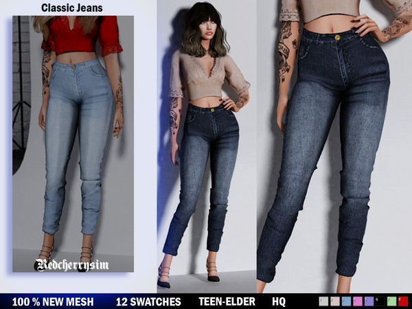 Sims 4 — Classic Demim Jeans  by redcherrysim — 100 % New mesh, comes in 14 swatches and is HQ mod ready. 