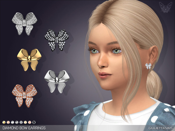 Sims 4 — Diamond Pave Bow Earrings For Kids by feyona — These earrings come with 8 swatches: 4 metal swatches and 4