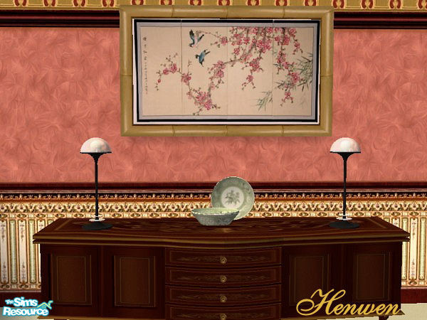 Sims 2 — Vic Coral Oriental Screen by Henwen — An Oriental silk screen with a bamboo frame. 