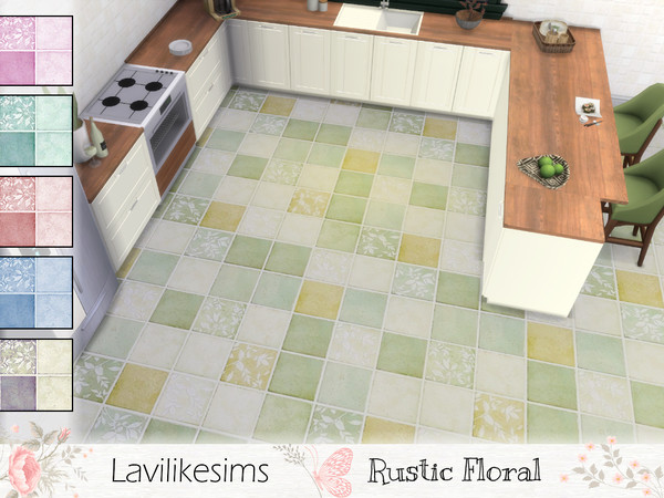Sims 4 — Rustic Floral Floor Tile by lavilikesims — Several small tiles some with floral designs combine to make a