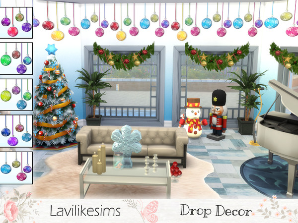 Sims 4 — Drop Decor by lavilikesims — A festive hanging bauble wallpaper print with 6 swatches.