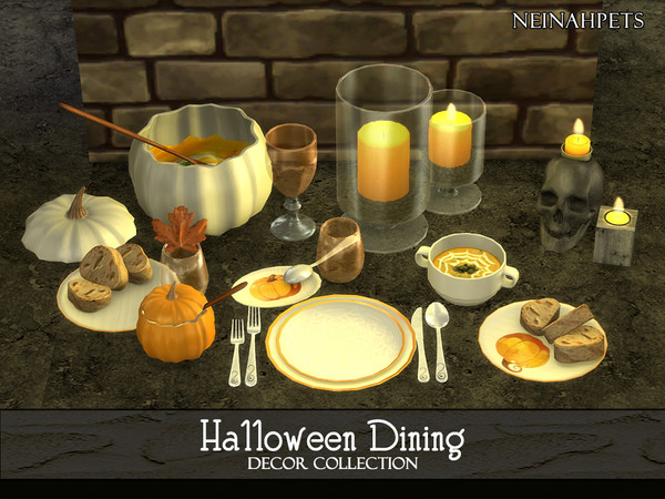 Sims 4 — Halloween Dining Decor {Mesh Required} by neinahpets — A collection of dining dishes, decor, and fall foods. Set