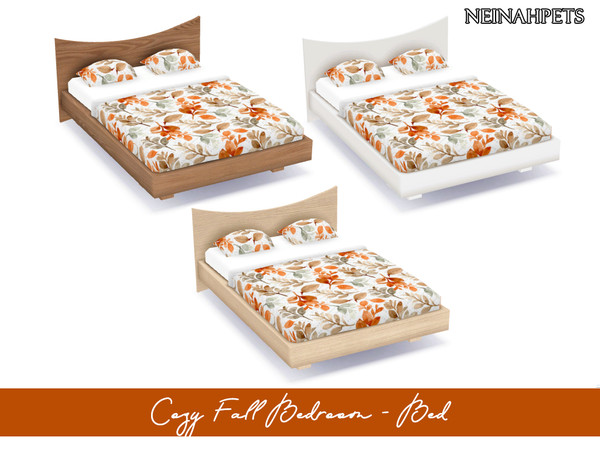 Sims 4 — Cozy Fall Bedroom - Bed {Mesh Required} by neinahpets — A cozy bed with a watercolor fall motif. 3 Colors