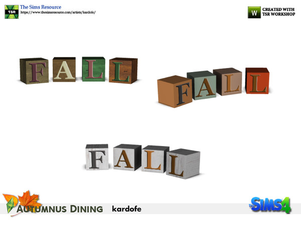 Sims 4 — kardofe_Autumnus Dining _Cubes by kardofe — Four wooden cubes with letters forming the word FALL, decorative, in