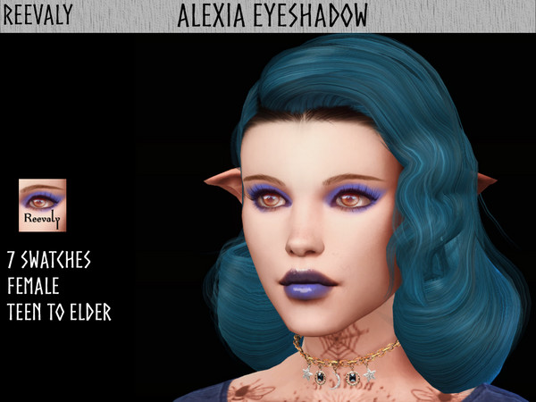 Sims 4 — Alexia Eyeshadow by Reevaly — 7 Swatches. Teen to Elder. For Female. Base Game compatible. Please do not