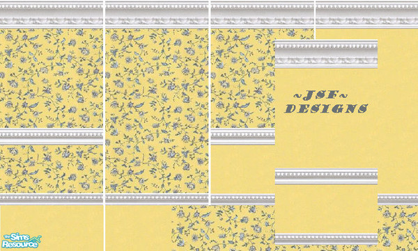 Sims 2 — jsf Designs Petit Fleurs by jsf — Scattered blue and aqua flowers on a yellow ground gives this set a country