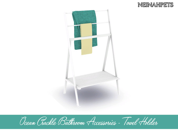 Sims 4 — Ocean Crackle Bathroom Accessories - Towel Holder {Mesh Req} by neinahpets — A towel rack with hanging towels.
