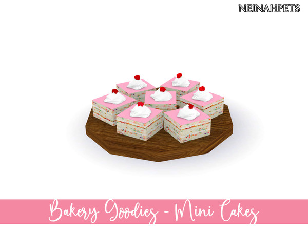 Sims 4 — Bakery Goodies - Mini Cakes by neinahpets — A wooden plate with a set of rainbow mini cakes with pink icing,