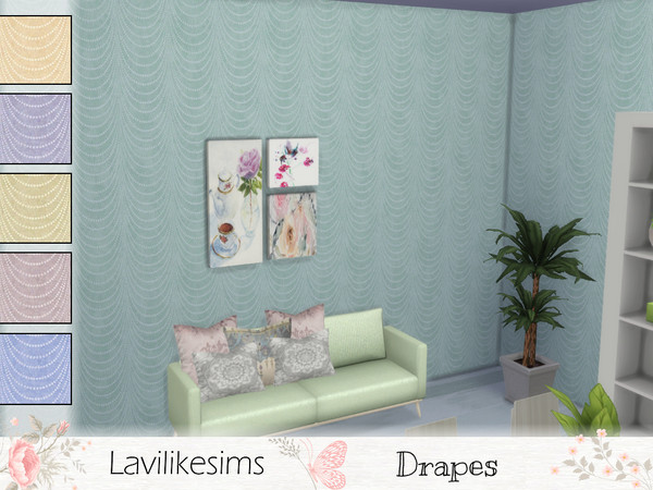 Sims 4 — Drapes by lavilikesims — A paper that looks like fabric draped across it In 3 wall sizes and 6 swatches