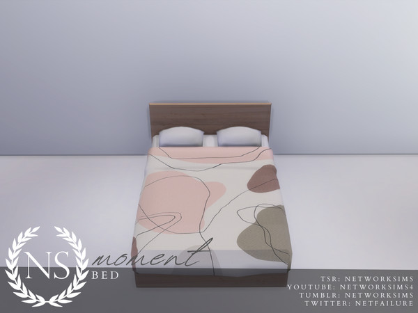 Sims 4 — Bed - Moment Bedroom - Networksims by networksims — A modern wooden bed with 6 different duvet designs.