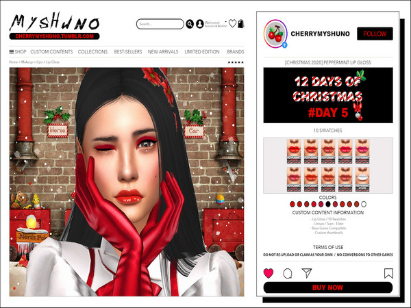 Sims 4 — CHRISTMAS 2020 - Peppermint Lip Gloss by cherrymyshuno — - 10 swatches - hq textures - teen - elder - base game