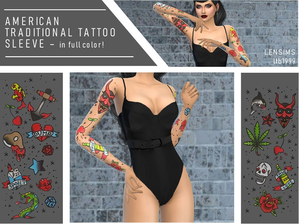 Sims 4 — American Traditional COLOR Tattoo Sleeves by ltb19992 — Sailor-style American Traditional bold tattoos -- now in