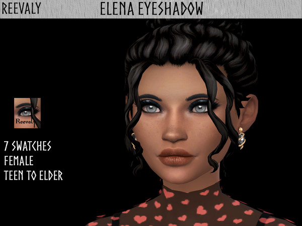 Sims 4 — Elena Eyeshadow by Reevaly — 7 Swatches. Teen to Elder. Female. Base Game compatible. Please do not reupload.