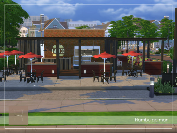 Sims 4 — Hamburgerman - No CC by arlaney — Hamburgerman is a small fast food restaurant with outdoor dining. Enjoy
