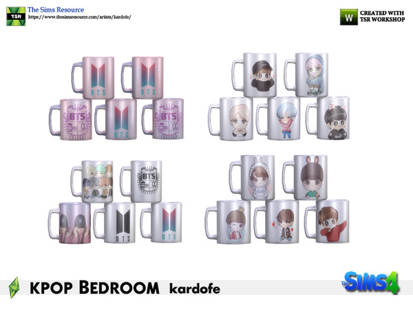 Sims 4 — kardofe_kpop Bedroom_Mug by kardofe — Group of five cups, stacked, decorated with kpop motifs, in four different