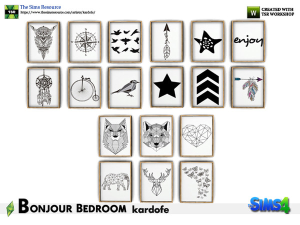 Sims 4 — kardofe_Bonjour Bedroom_Pictures by kardofe — Group of six pictures with pine wood frame and simple black and