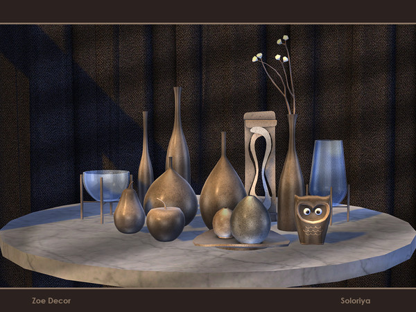 Sims 4 — Zoe Decor by soloriya — A set of decorative objects. Items in the set: --apple, --owl, --pear, --plant, --plate