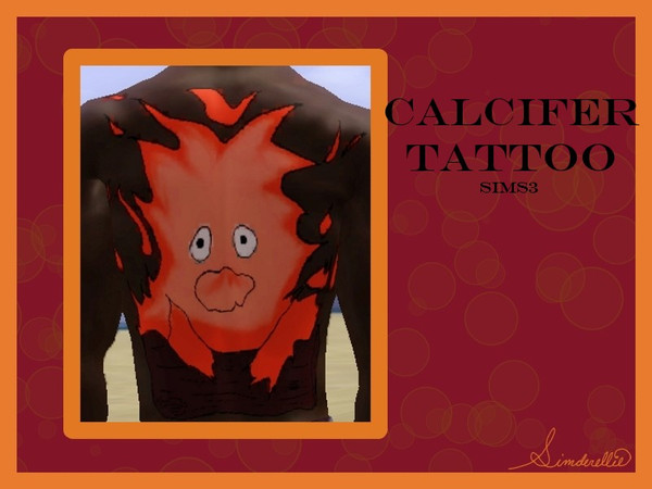 Sims 3 — Calcifer Tattoo by Simderellie — Large tattoo with three recolorable channels, fire (two-toned), eyes, and log.