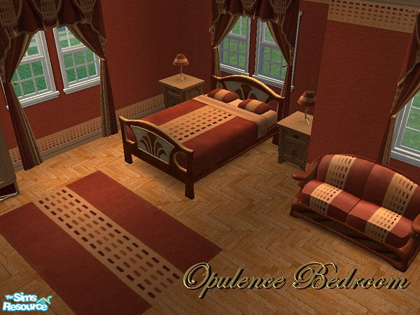 Sims 2 — Opulence Bedroom by hatshepsut — Soft furnishings in a rich red & gold.