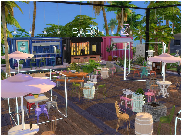 Sims 4 — Container Village by lotsbymanal — A modern container restaurant with bar, DJ and outside seats.. 